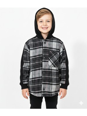 Jena Erkek Çocuk Ekose Kapüşonlu Gömlek 3-14 Yaş Siyah