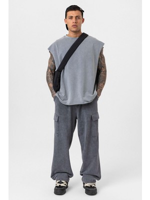 Vamos Yıkamalı Baggy Eşofman Alt Füme