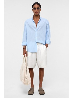 Basic Oversize Pamuk  Keten Gömlek Bebe Mavi