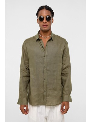 %100 Keten Oversize Uzun Kollu Gömlek Haki