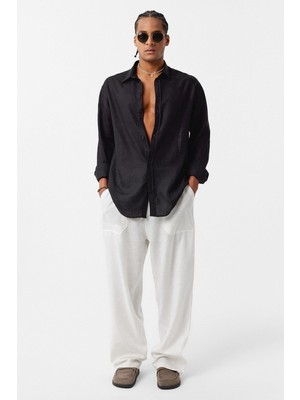 Basic Oversize Uzun Kollu Keten Gömlek Siyah