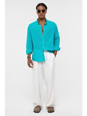 Basic Oversize Pamuk  Keten Gömlek Açık Turkuaz