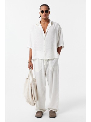 Oversize Kısa Kol Modal Kumaş Gömlek Ekru