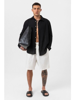 Vamos Basic Keten Oversize Gömlek Siyah