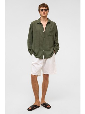 Oversize Çizgili Uzun Kollu Keten Gömlek Haki