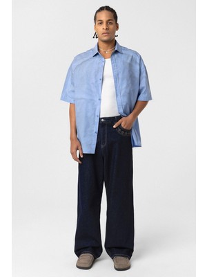 Oversize Yıkamalı Poplin Gömlek Mavi