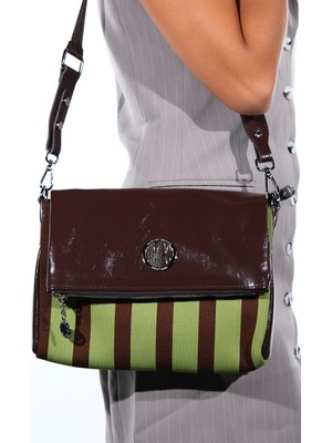Kalren Kahverengi Çizgili Kadın Kapaklı Çapraz Çanta