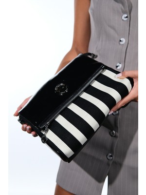 Kalren Siyah Çizgili Kadın Kapaklı Çapraz Çanta