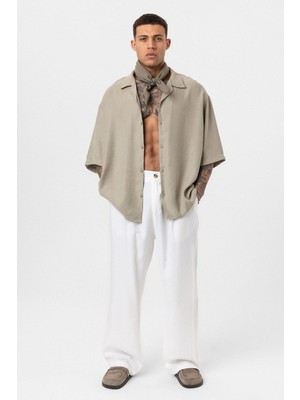 Yıkamalı Oversize Kısa Kol Gömlek Haki