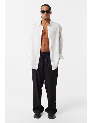 Basic Oversize Uzun Kollu Keten Gömlek Ekru
