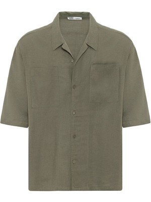 Çift Cepli Oversize Keten Gömlek Haki