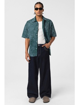 Yıkamalı Yazı Baskılı Oversize Kısa Kol Gömlek Nefti