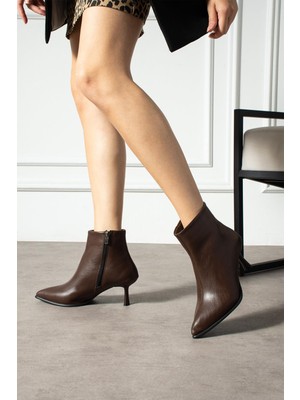 Shoetek Reva Kadın Bot Ince Topuklu  Fermuarlı Kahverengi Deri