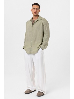 Vamos Basic Keten Oversize Gömlek Haki