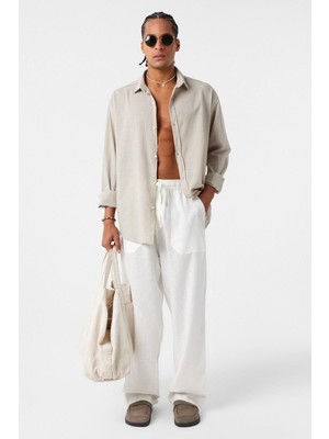 Basic Oversize Pamuk  Keten Gömlek Bej