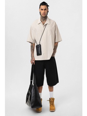 Çizgili Kısa Kol Oversize Gömlek Bej