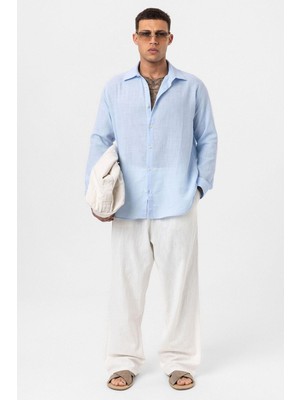 Uzun Kollu Basic Oversize Gömlek Mavi