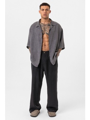 Yıkamalı Oversize Kısa Kol Gömlek Antrasit