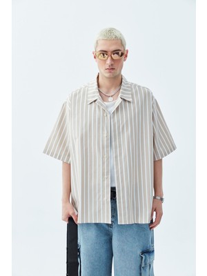 Çizgili Oversize Kısa Kol Gömlek Vizon