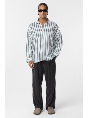 Çizgili Uzun Kollu Oversize Keten Gömlek Yeşil