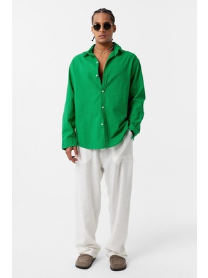 Basic Oversize Pamuk  Keten Gömlek Yeşil