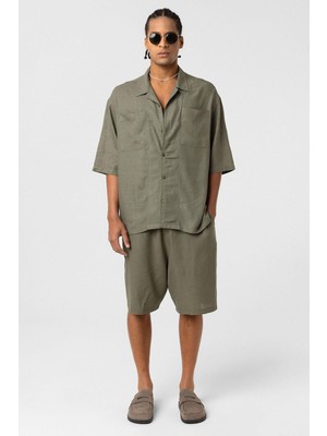 Çift Cepli Oversize Keten Gömlek Haki
