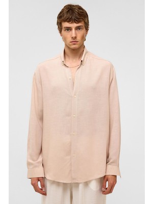 Oversize Uzun Kollu Keten Gömlek Bej