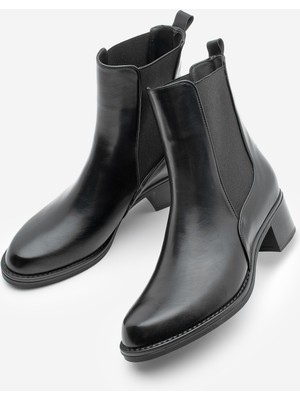 Marjin Kadın Kalın Topuklu Elastik Yan Bantlı Topuklu Bot Elove Siyah