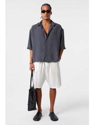 Oversize Kısa Kol Modal Kumaş Gömlek Antrasit