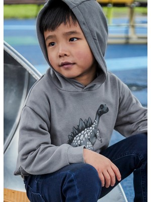 Mayoral Erkek Çocuk Gri Şardonlu Kapüşonlu Sweatshirt | 4-10 Yaş, Dinazor Baskılı