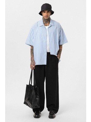 Çizgili Oversize Kısa Kol Gömlek Mavi