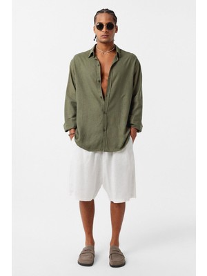 Basic Oversize Uzun Kollu Keten Gömlek Haki