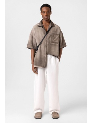 Yıkamalı Kısa Kollu Oversize Gömlek Kahve