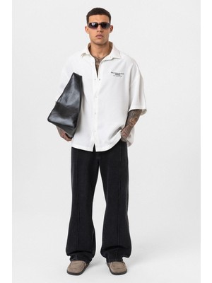 Yıkamalı Oversize Kısa Kol Baskılı Tensel Gömlek Ekru