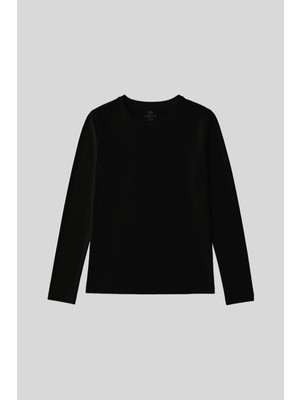 Siyah O Yaka Standart Fit Uzun Kollu Basic Kadın T-Shirt - 97312