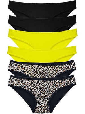 6 Adet Likralı Kadın Slip Külot Leopar Siyah Sarı