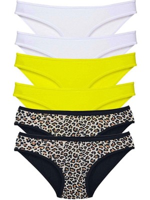 6 Adet Likralı Kadın Slip Külot Leopar Beyaz Sarı