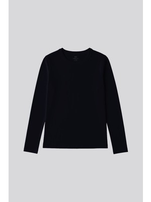 Lacivert O Yaka Standart Fit Uzun Kollu Basic Kadın T-Shirt - 97312