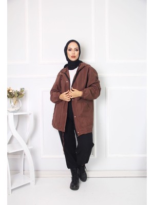 Kadın Kapşonlu Cepli Bol Kiremit Rüzgarlık & Yağmurluk