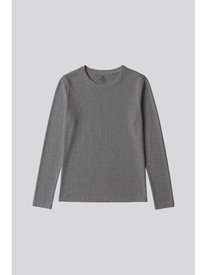 Gri Melanj O Yaka Standart Fit Uzun Kollu Basic Kadın T-Shirt - 97312