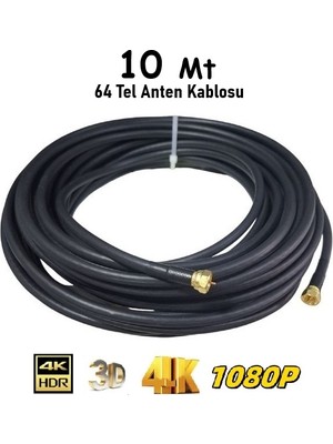 10 Metre Rg6/u4 Gold Uçlu 64 Tel Hazır Uydu Anten Kablosu “tak Çalıştır” (Siyah)