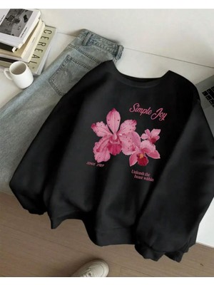 Simple Joy Baskılı Bisiklet Yaka Içi Polarlı Sweatshirt