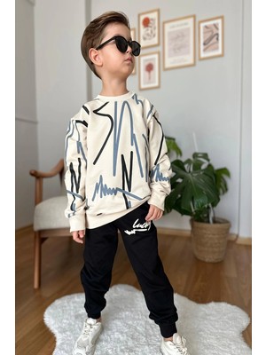 Çizgi Desenli Siyah Renk Erkek Çocuk Eşofman Takım