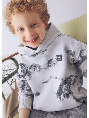 Mayoral Erkek Çocuk Gri Kapüşonlu Dağ Baskılı Sweatshirt | 4-10 Yaş, Kanguru Cepli, Lastikli