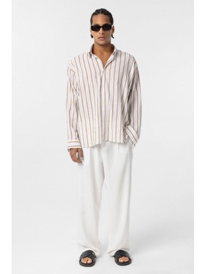 Çizgili Uzun Kollu Oversize Keten Gömlek Bej