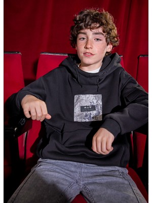 Mayoral Erkek Çocuk Siyah Kapüşonlu Şardonlu Sweatshirt | 10-16 Yaş, Cepli, Baskılı