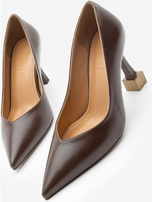 Marjin Kadın Stiletto Sivri Burun Ahşap Desen Ökçe Klasik Topuklu Ayakkabı Arset