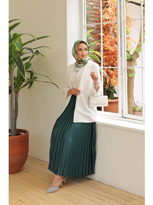 Kadın Basic Yüksek Bel Piliseli Bol Petrol Uzun Etek