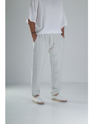 Yeşil Çizgili Müslin Keten Baggy Pantolon