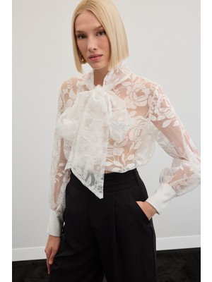 Fularlı Çiçek Desenli Gömlek - Ekru